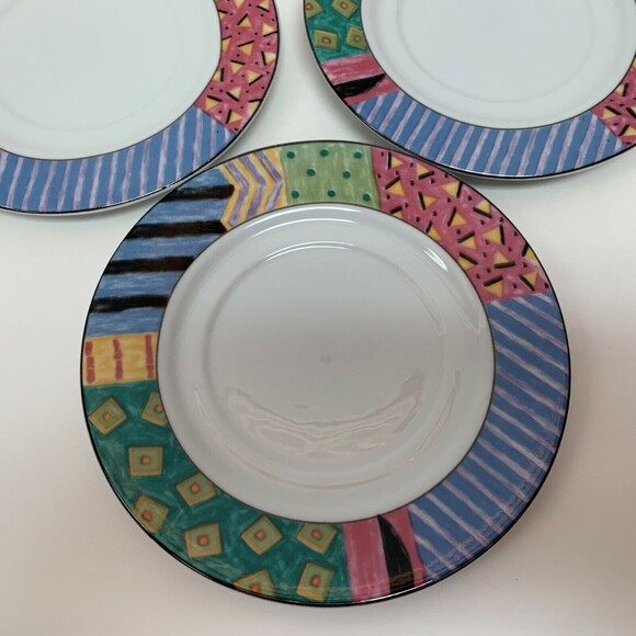 Farberware by Retroneu AKU 202 Saucer Plates White Multi-color Geometric Border - Picture 2 of 6
